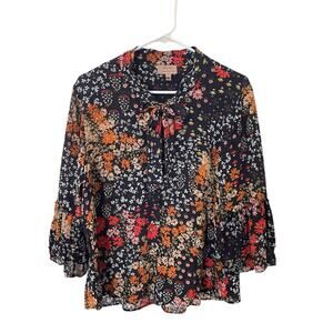KACHEL x Anthropologie Sz 12 Navy Blue Floral Print Bell Sleeve Silk Blend Shirt